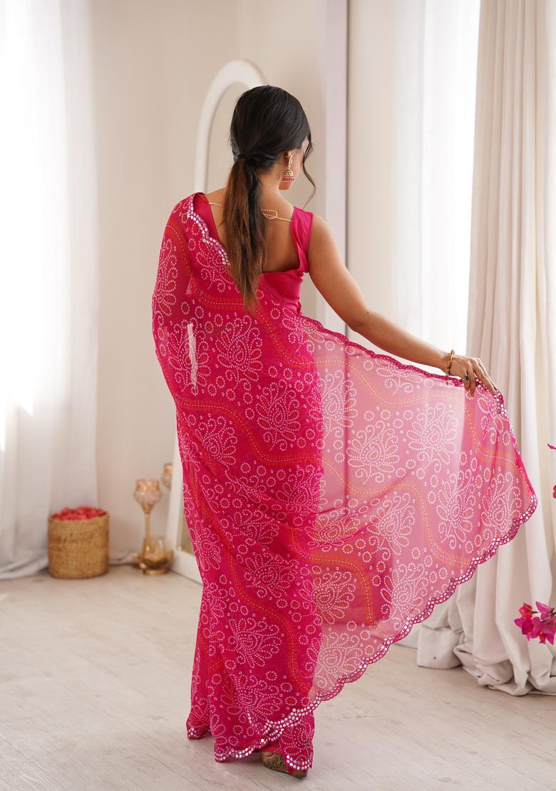 Pink Printed Georgette Saree Set - Indya