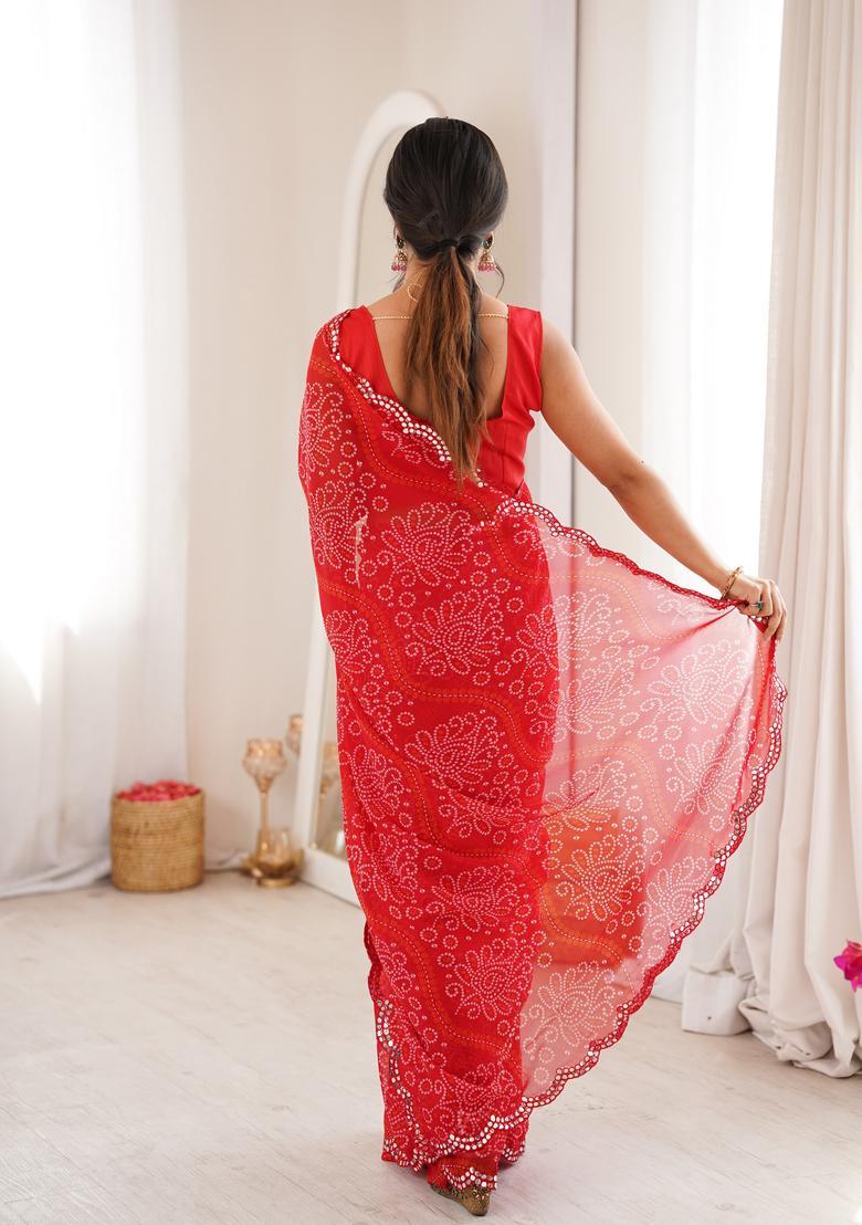 Red Printed Georgette Saree Set - Indya