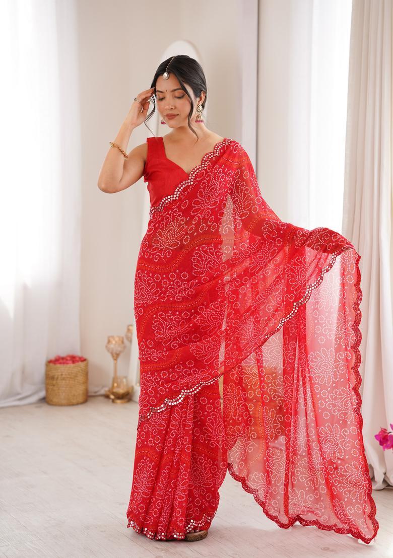 Red Printed Georgette Saree Set - Indya