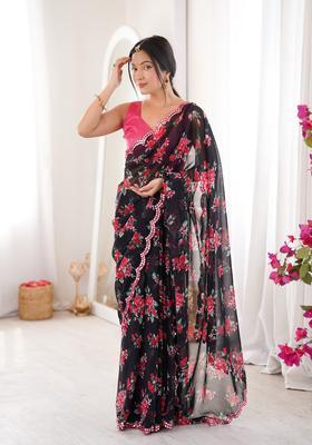 Black Floral Print Georgette Saree Set