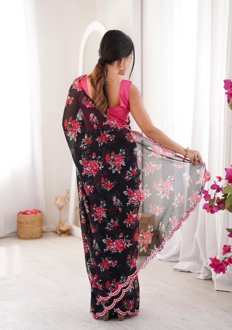 Black Floral Print Georgette Saree Set - Indya