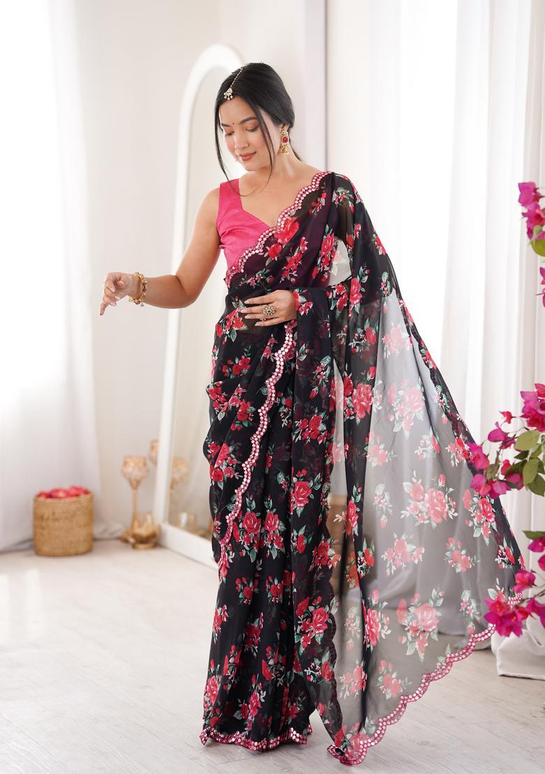 Black Floral Print Georgette Saree Set - Indya