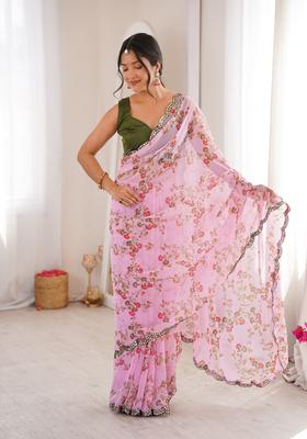 Pink Floral Print Georgette Saree Set