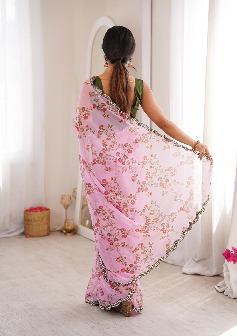 Pink Floral Print Georgette Saree Set - Indya