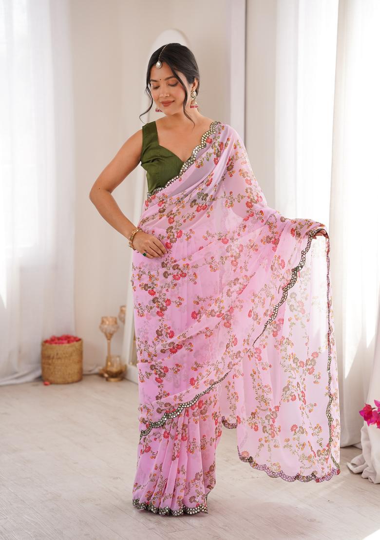 Pink Floral Print Georgette Saree Set - Indya