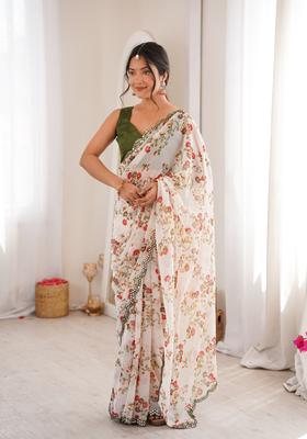 White Floral Print Georgette Saree Set