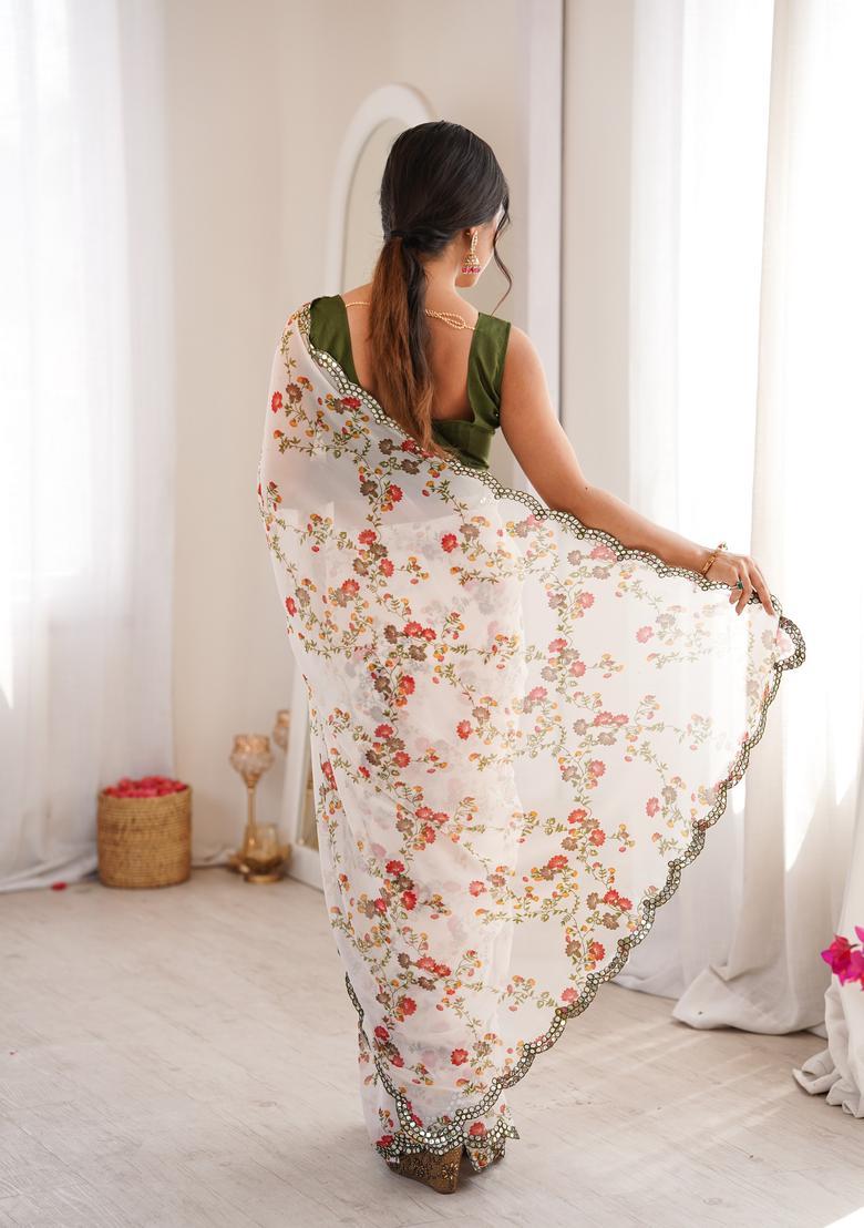White Floral Print Georgette Saree Set - Indya