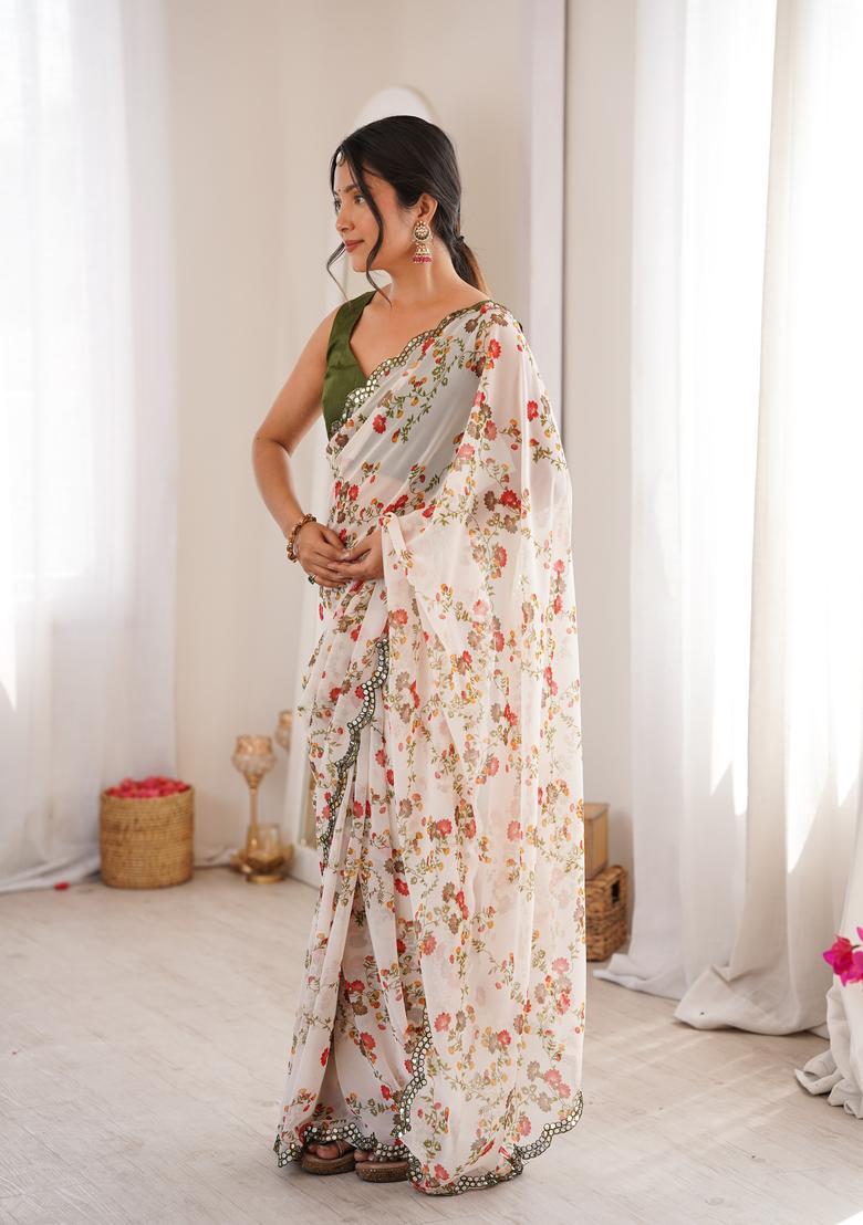 White Floral Print Georgette Saree Set - Indya