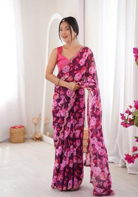 Wine Floral Print Georgette Saree Set