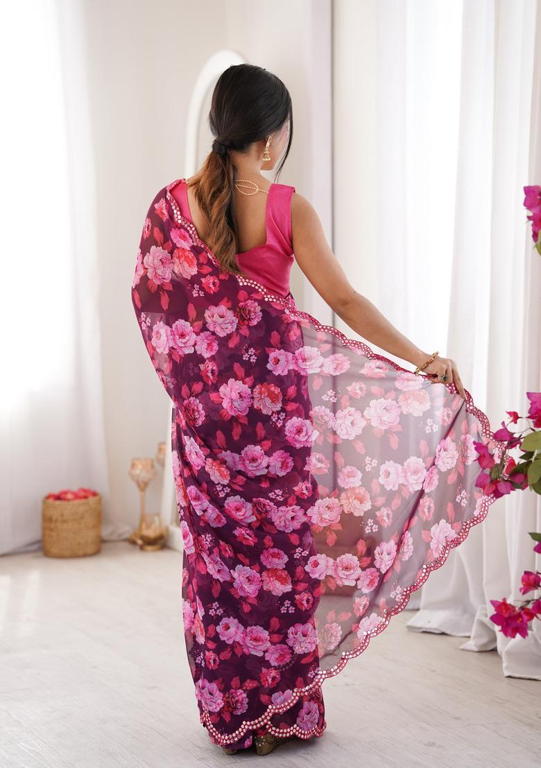 Wine Floral Print Georgette Saree Set - Indya