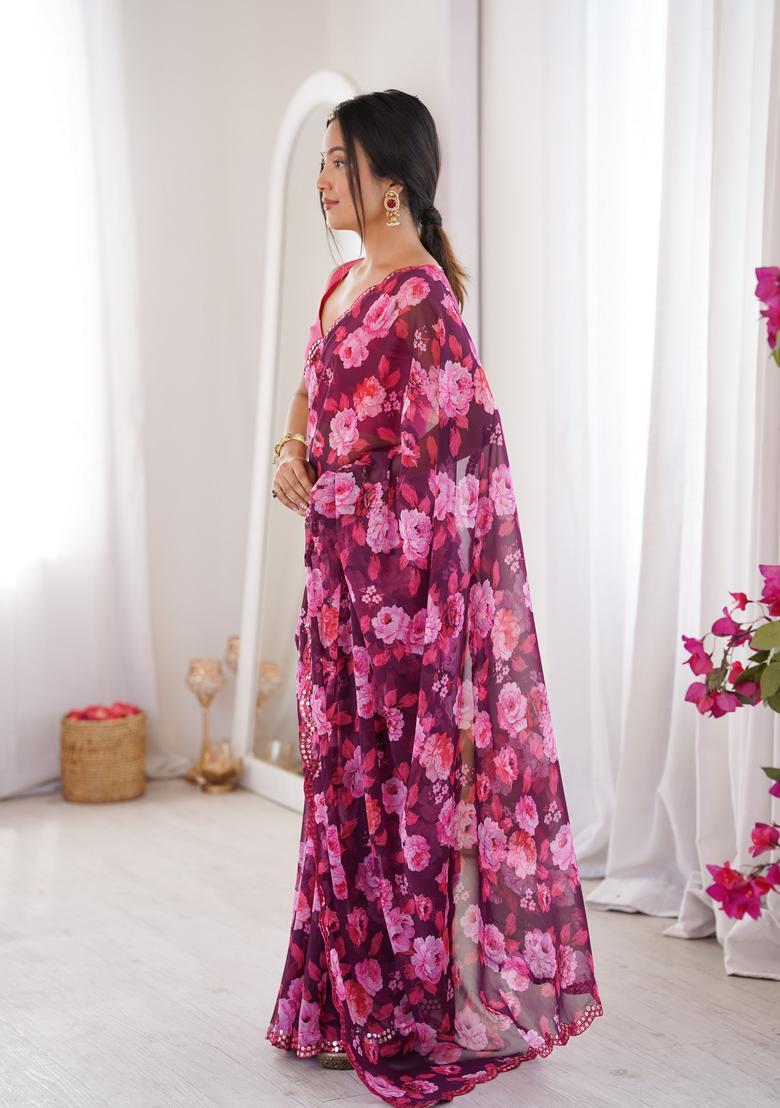 Wine Floral Print Georgette Saree Set - Indya