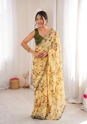 Yellow Floral Print Georgette Saree Set