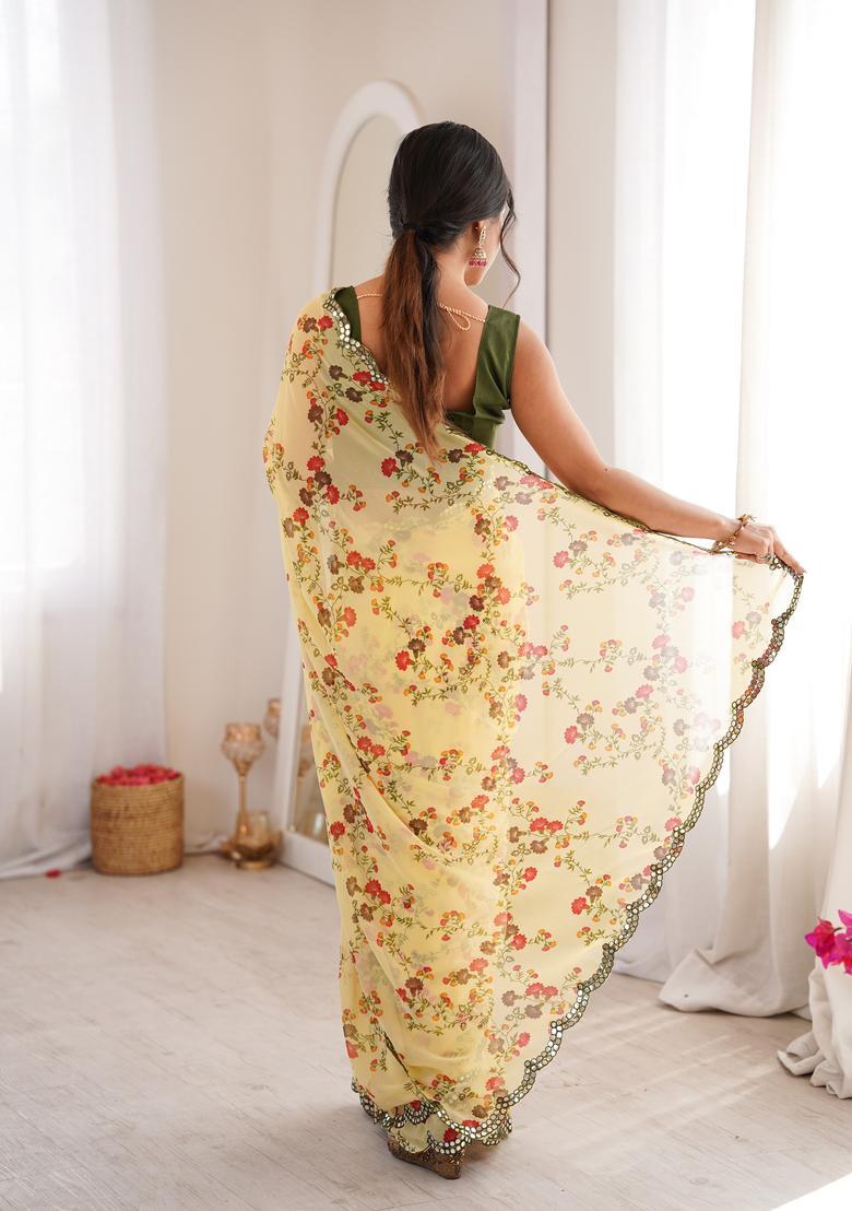 Yellow Floral Print Georgette Saree Set - Indya