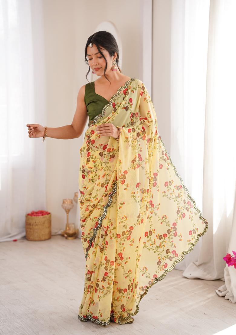 Yellow Floral Print Georgette Saree Set - Indya
