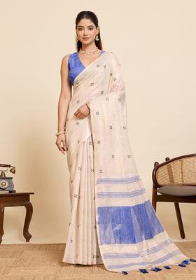 Beige Embroidery Cotton Saree Set