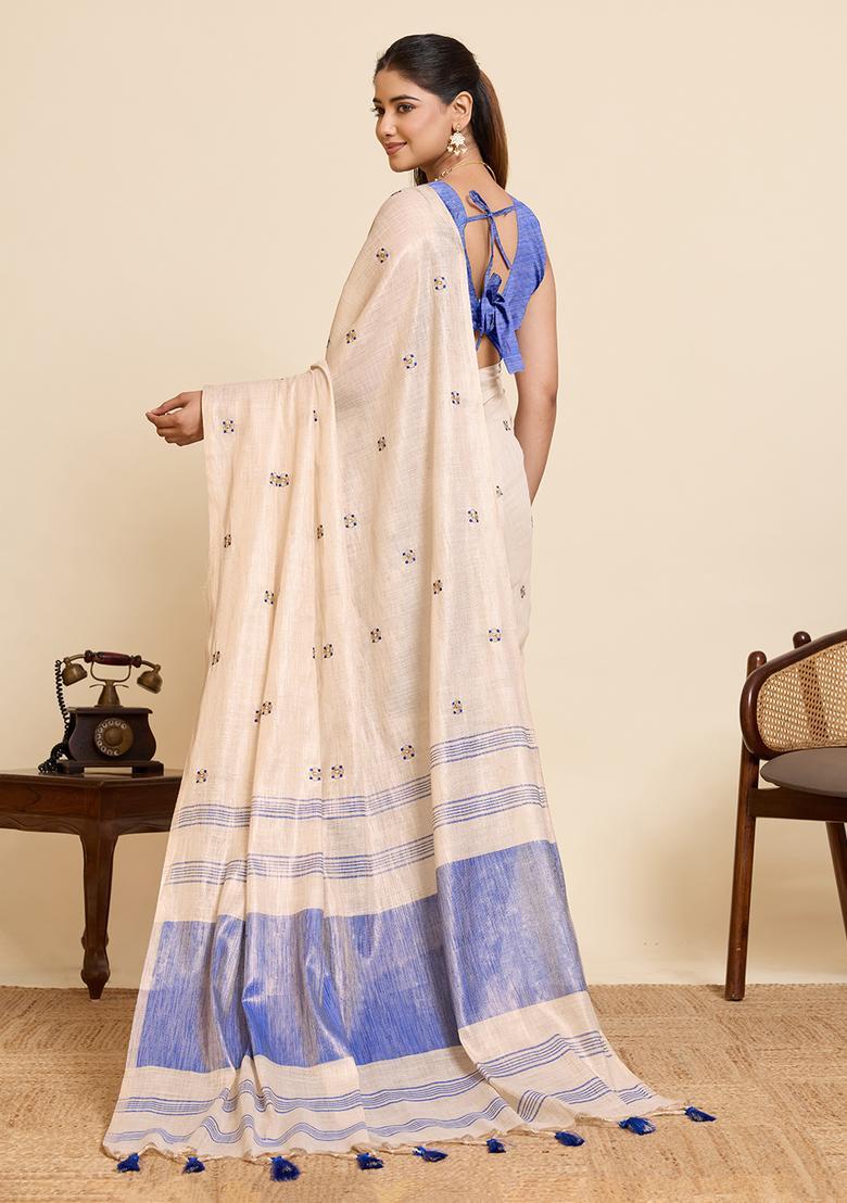 Beige Embroidery Cotton Saree Set - Indya