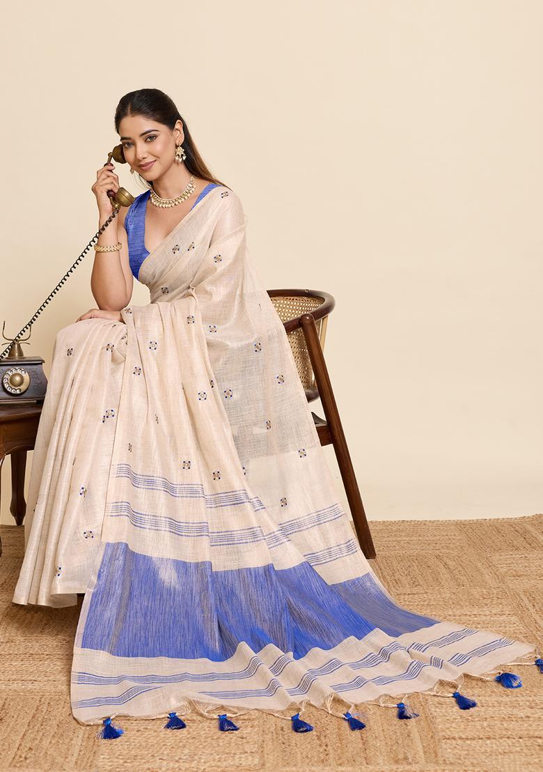 Beige Embroidery Cotton Saree Set - Indya