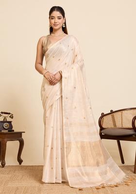 Beige Embroidery Cotton Saree Set