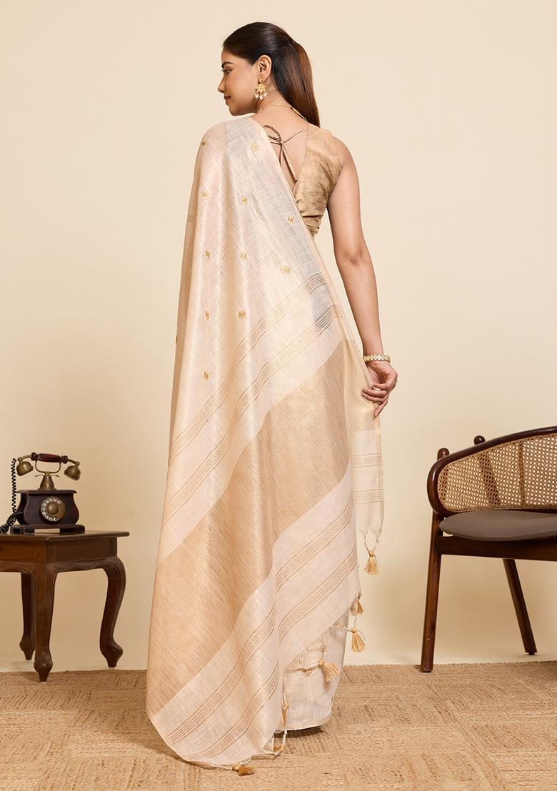 Beige Embroidery Cotton Saree Set - Indya