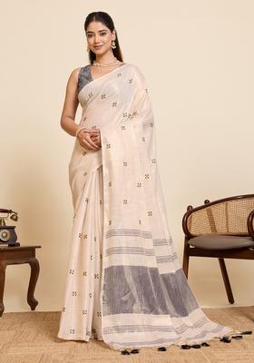 Beige Embroidery Cotton Saree Set