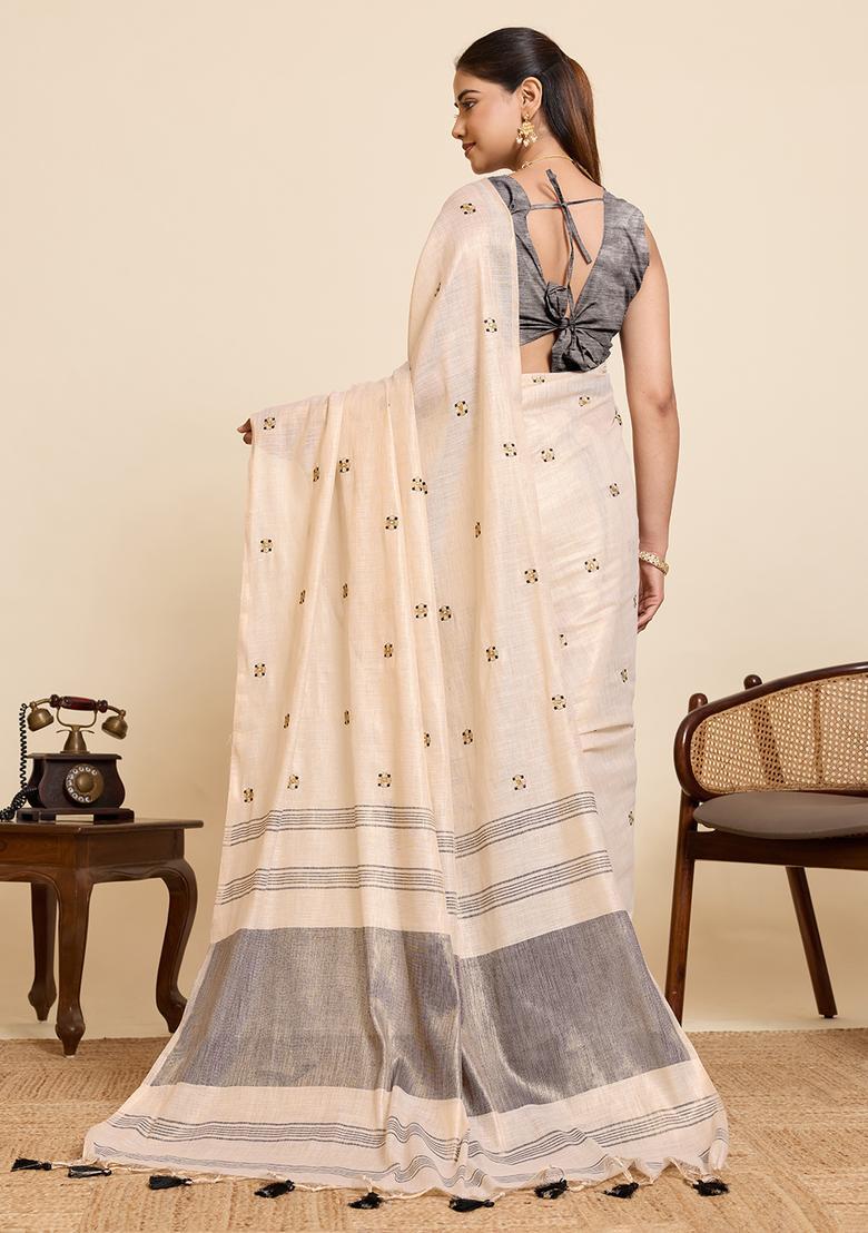 Beige Embroidery Cotton Saree Set - Indya