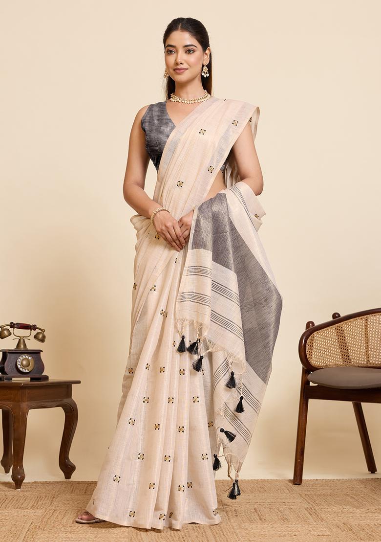 Beige Embroidery Cotton Saree Set - Indya