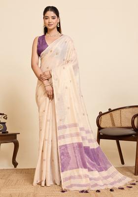 Beige Embroidery Cotton Saree Set