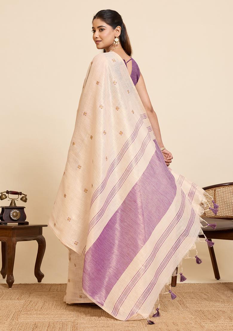 Beige Embroidery Cotton Saree Set - Indya
