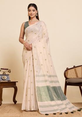 Beige Embroidery Cotton Saree Set