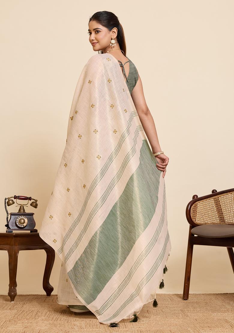 Beige Embroidery Cotton Saree Set - Indya