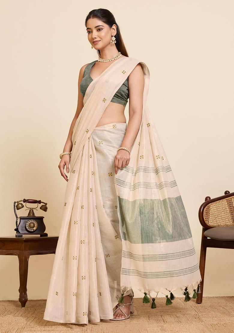 Beige Embroidery Cotton Saree Set - Indya