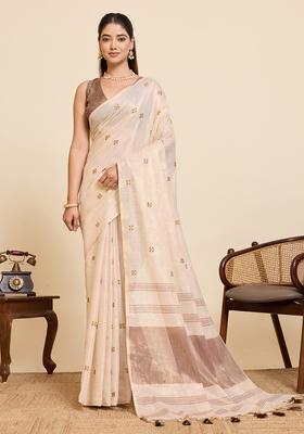 Beige Embroidery Cotton Saree Set