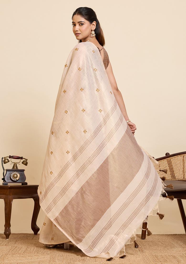 Beige Embroidery Cotton Saree Set - Indya