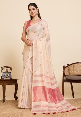 Beige Embroidery Cotton Saree Set