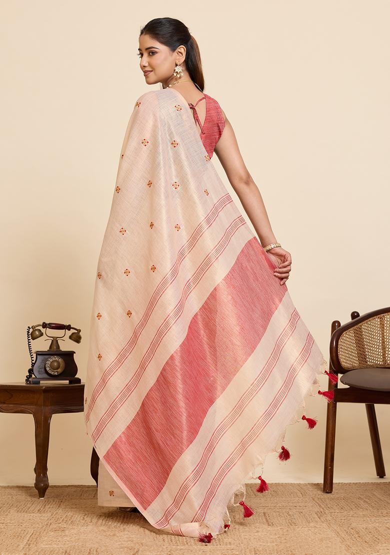Beige Embroidery Cotton Saree Set - Indya