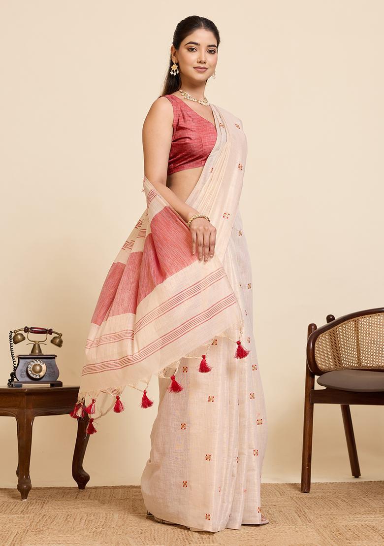 Beige Embroidery Cotton Saree Set - Indya
