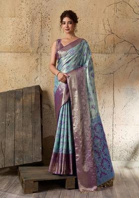 Sky Blue Zari Work Silk Saree Set