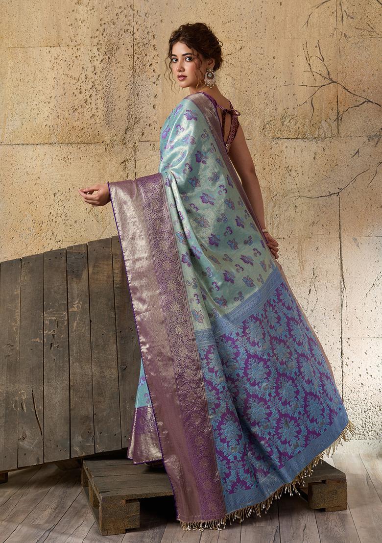 Sky Blue Zari Work Silk Saree Set - Indya