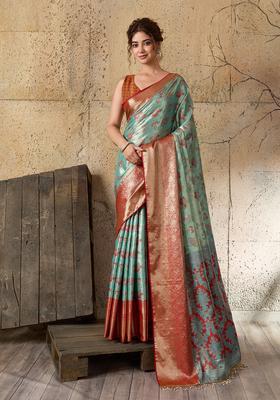 Sea Green Zari Work Silk Saree Set