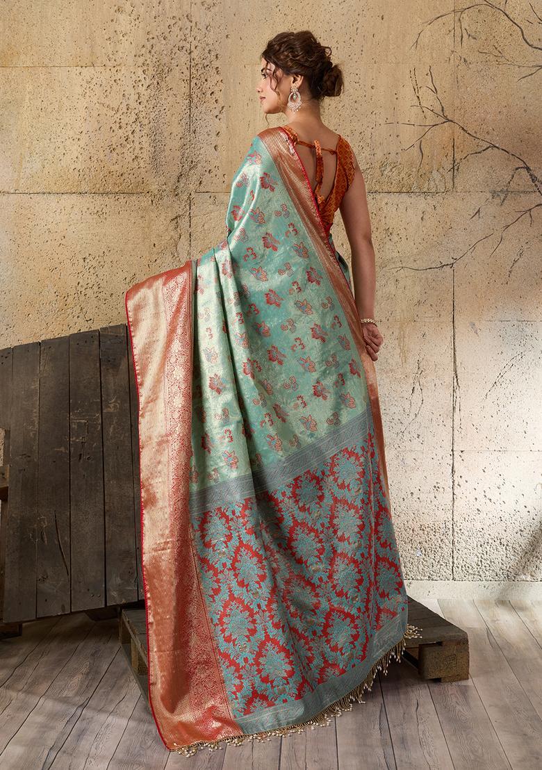 Sea Green Zari Work Silk Saree Set - Indya