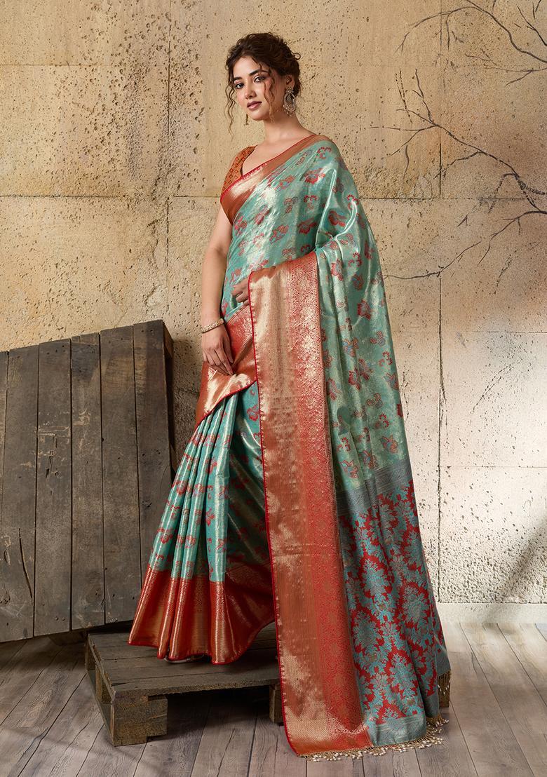 Sea Green Zari Work Silk Saree Set - Indya