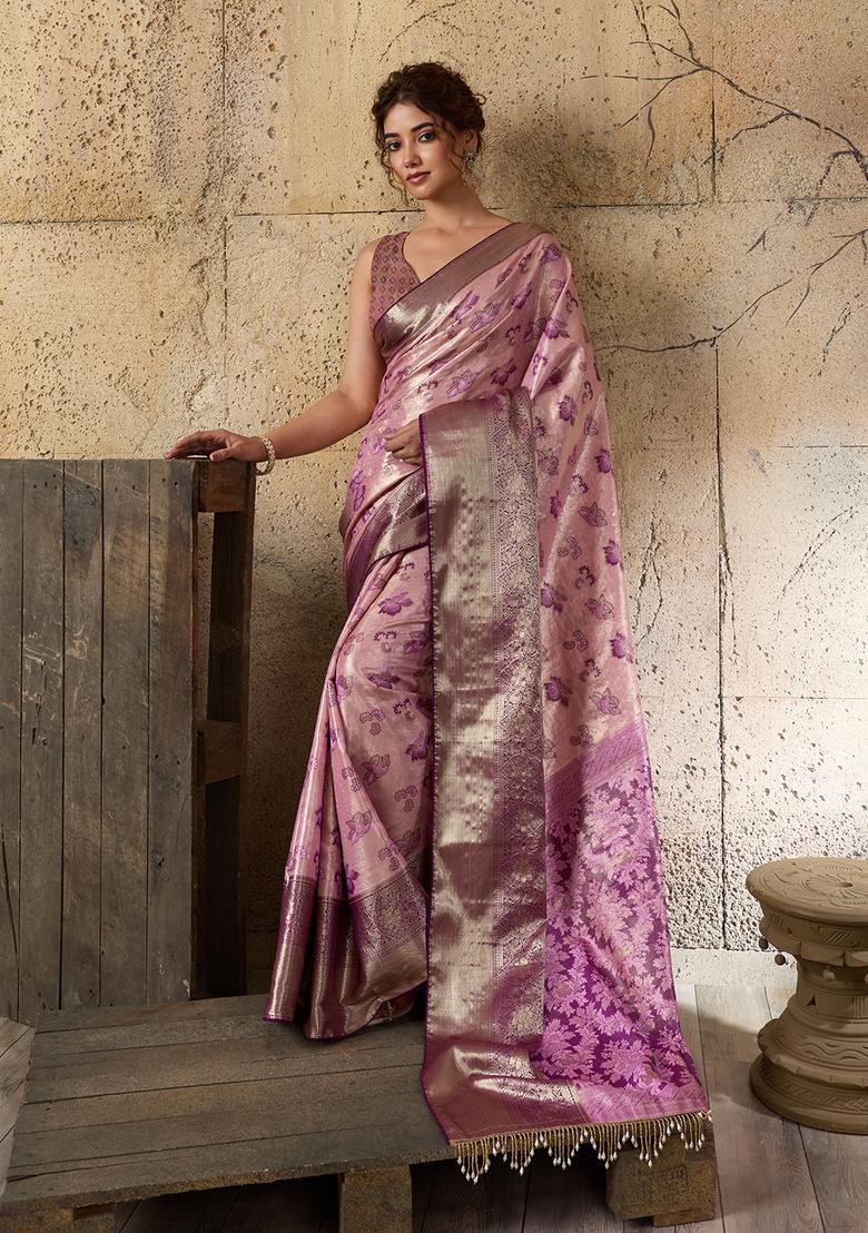 Pink Zari Work Silk Saree Set - Indya