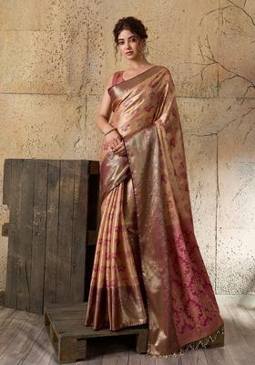 Peach Zari Work Silk Saree Set