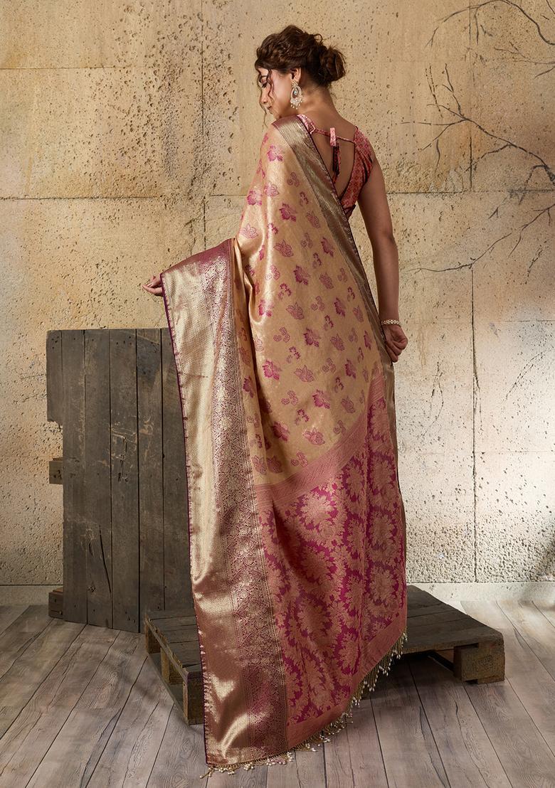 Peach Zari Work Silk Saree Set - Indya
