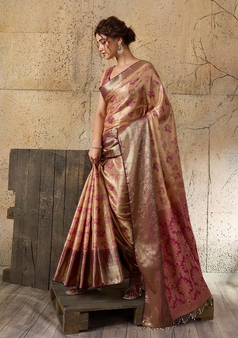 Peach Zari Work Silk Saree Set - Indya