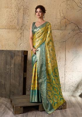 Yellow Zari Work Silk Saree Set
