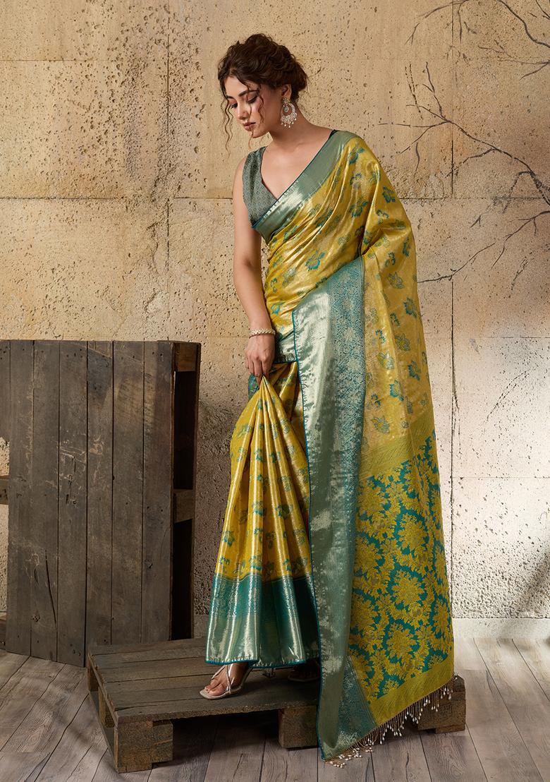 Yellow Zari Work Silk Saree Set - Indya