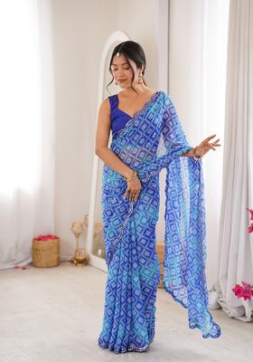 Blue Bandhej Georgette Saree Set