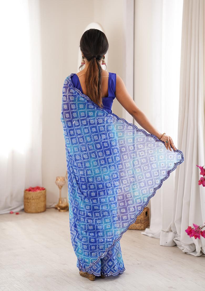 Blue Bandhej Georgette Saree Set - Indya