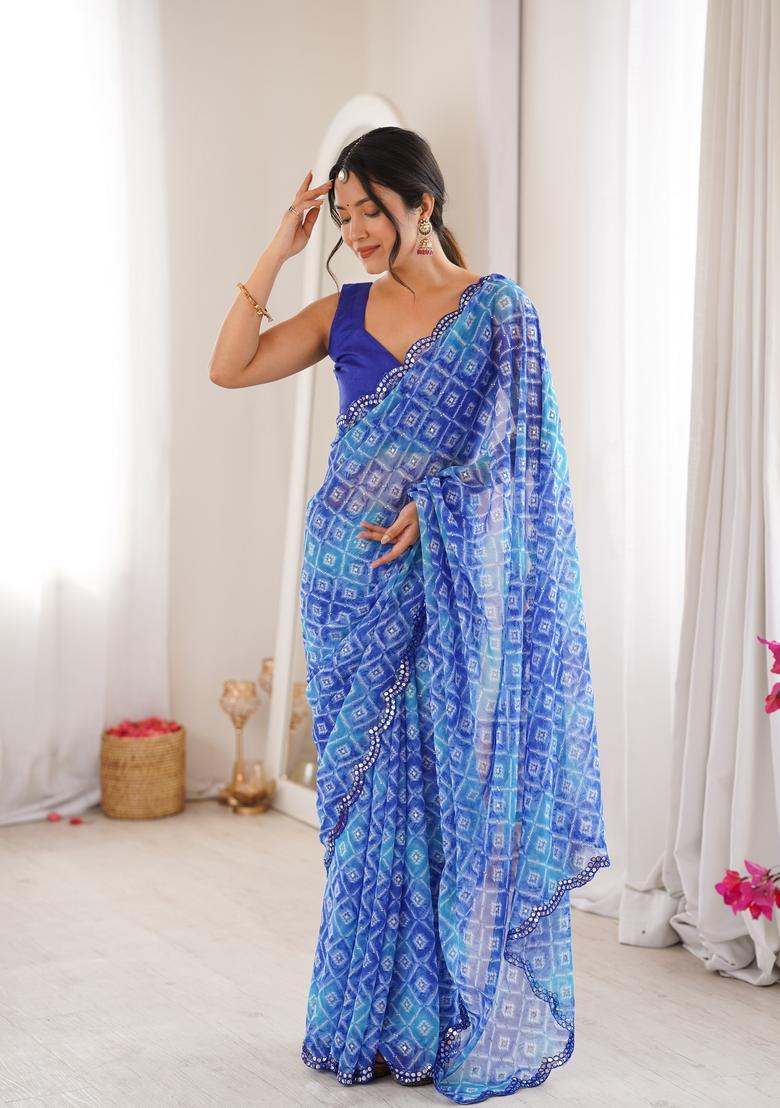 Blue Bandhej Georgette Saree Set - Indya